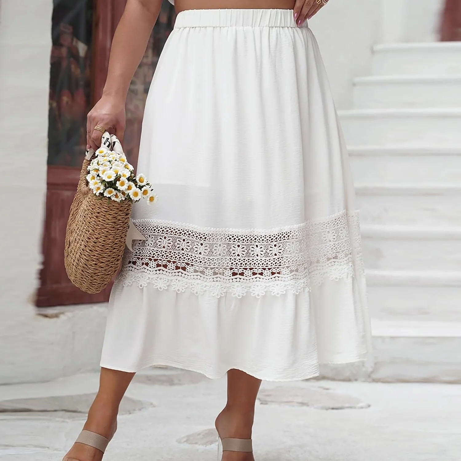 Womens Maxi Skirt Casual Loose Fit Flowy Elastic High Waist Lace Eyelet Hollow Out Long Skirts Summer Beach Outfits