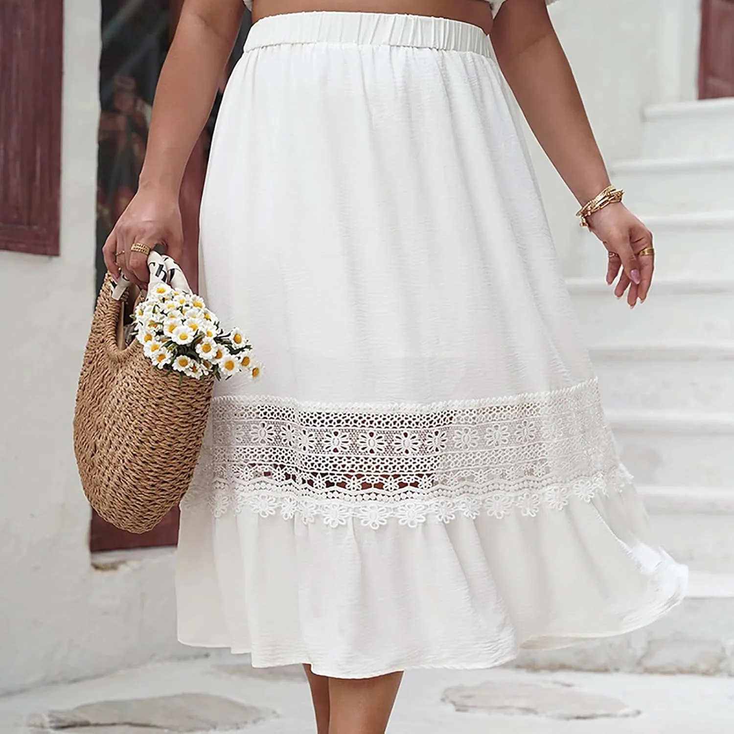 Womens Maxi Skirt Casual Loose Fit Flowy Elastic High Waist Lace Eyelet Hollow Out Long Skirts Summer Beach Outfits