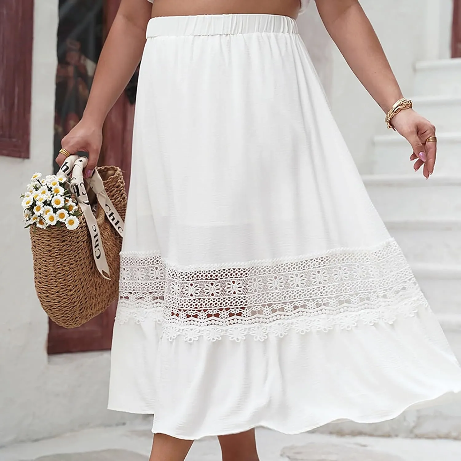 Womens Maxi Skirt Casual Loose Fit Flowy Elastic High Waist Lace Eyelet Hollow Out Long Skirts Summer Beach Outfits