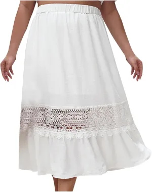 Womens Maxi Skirt Casual Loose Fit Flowy Elastic High Waist Lace Eyelet Hollow Out Long Skirts Summer Beach Outfits