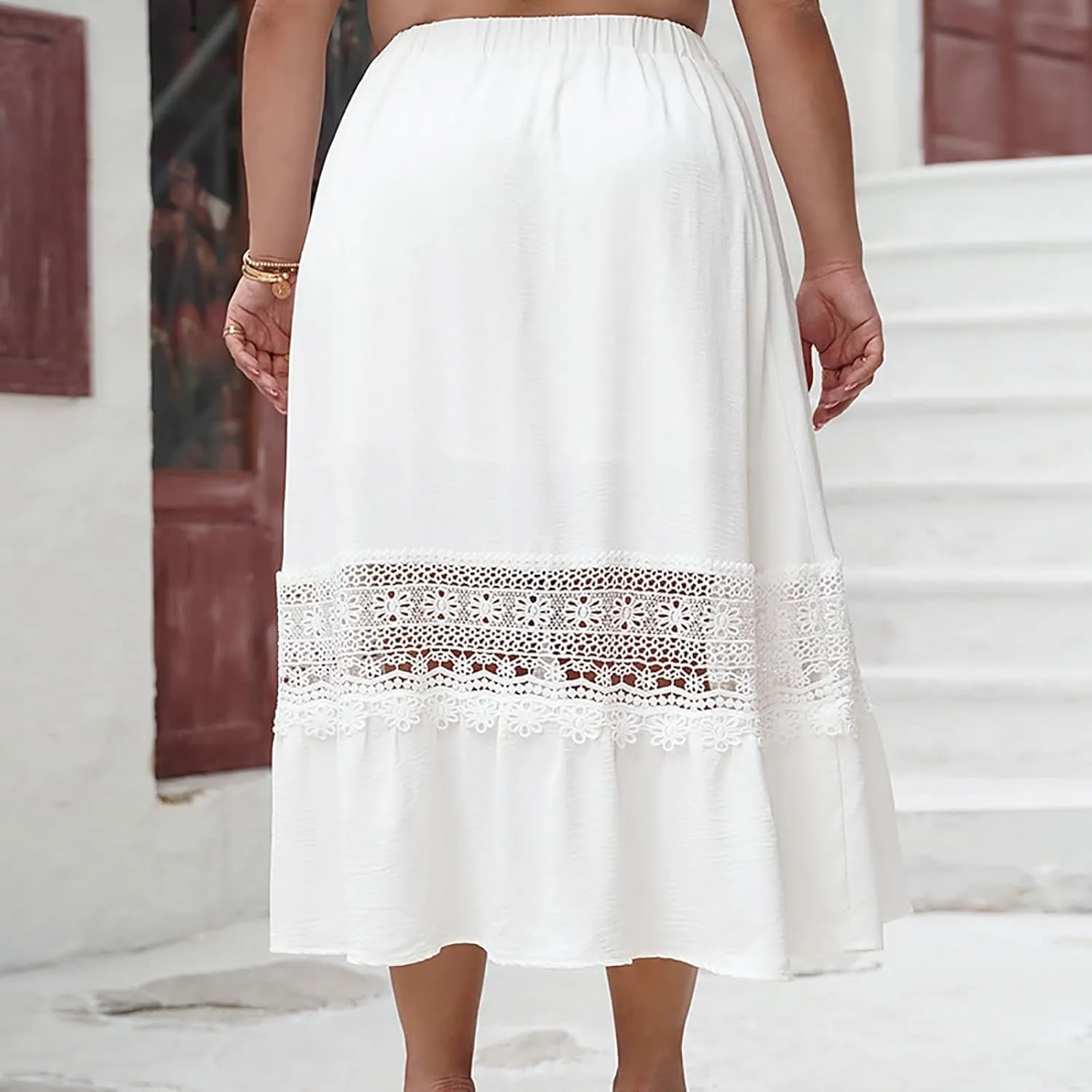Womens Maxi Skirt Casual Loose Fit Flowy Elastic High Waist Lace Eyelet Hollow Out Long Skirts Summer Beach Outfits
