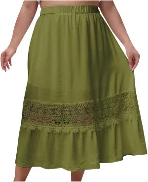Womens Maxi Skirt Casual Loose Fit Flowy Elastic High Waist Lace Eyelet Hollow Out Long Skirts Summer Beach Outfits