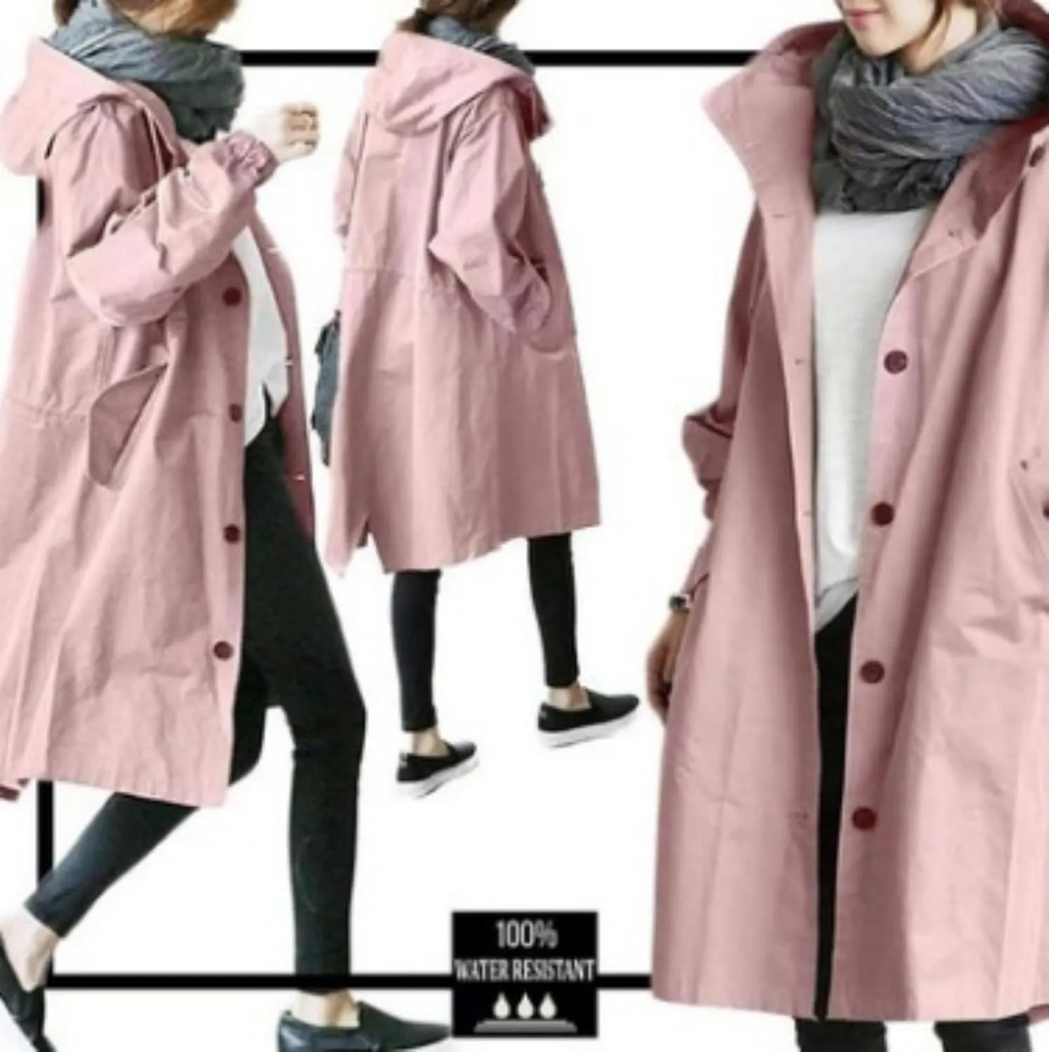 Women's Mid Length Trench Coat, Classic Lapel Windproof Single Breasted Hooded Trenchcoats Knee Length Coats for Women