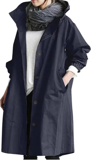 Women's Mid Length Trench Coat, Classic Lapel Windproof Single Breasted Hooded Trenchcoats Knee Length Coats for Women