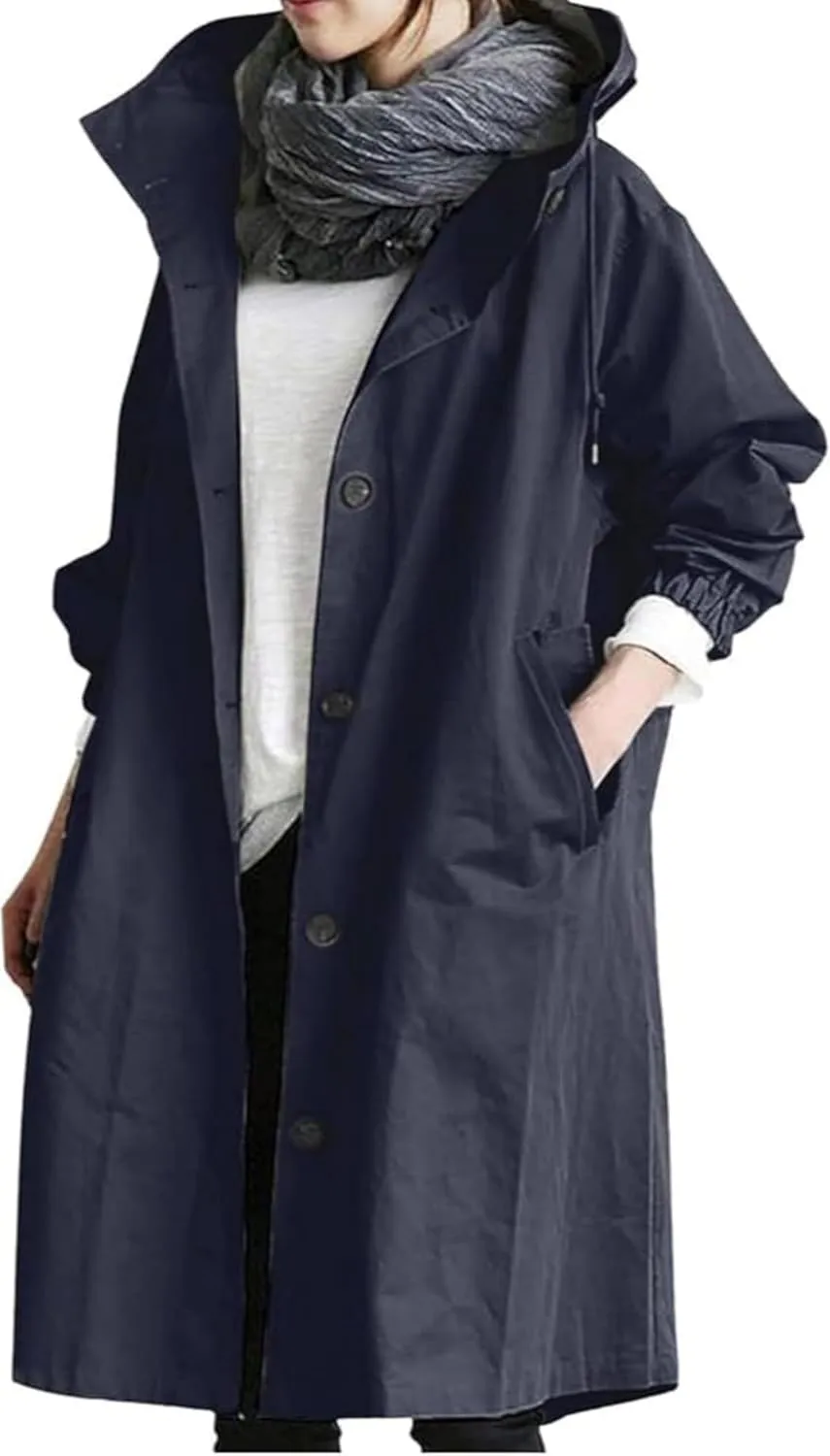Women's Mid Length Trench Coat, Classic Lapel Windproof Single Breasted Hooded Trenchcoats Knee Length Coats for Women