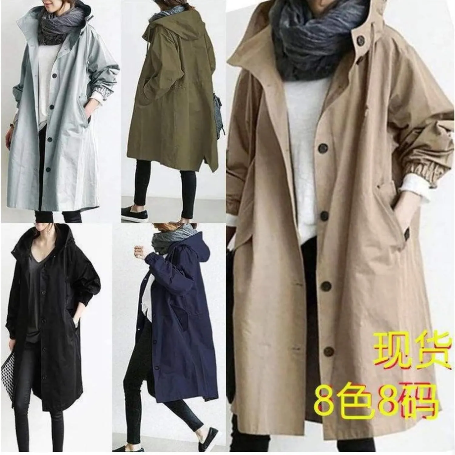 Women's Mid Length Trench Coat, Classic Lapel Windproof Single Breasted Hooded Trenchcoats Knee Length Coats for Women