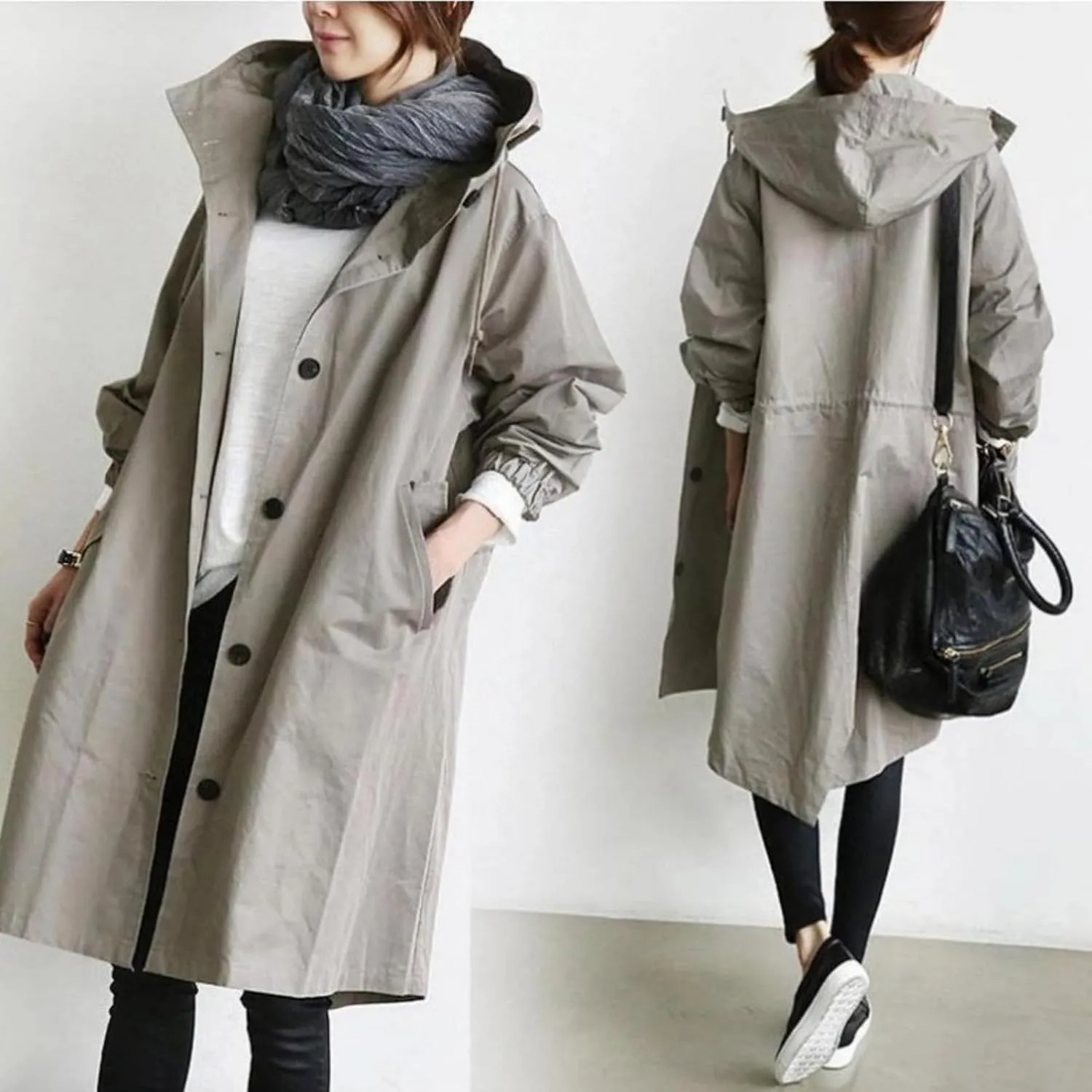 Women's Mid Length Trench Coat, Classic Lapel Windproof Single Breasted Hooded Trenchcoats Knee Length Coats for Women