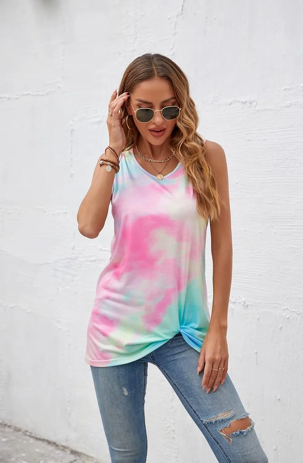 Womens Summer Tank Tops Twist Knot Casual Sleeveless Shirts Blouses Loose Fit Flowy Tunics Tops