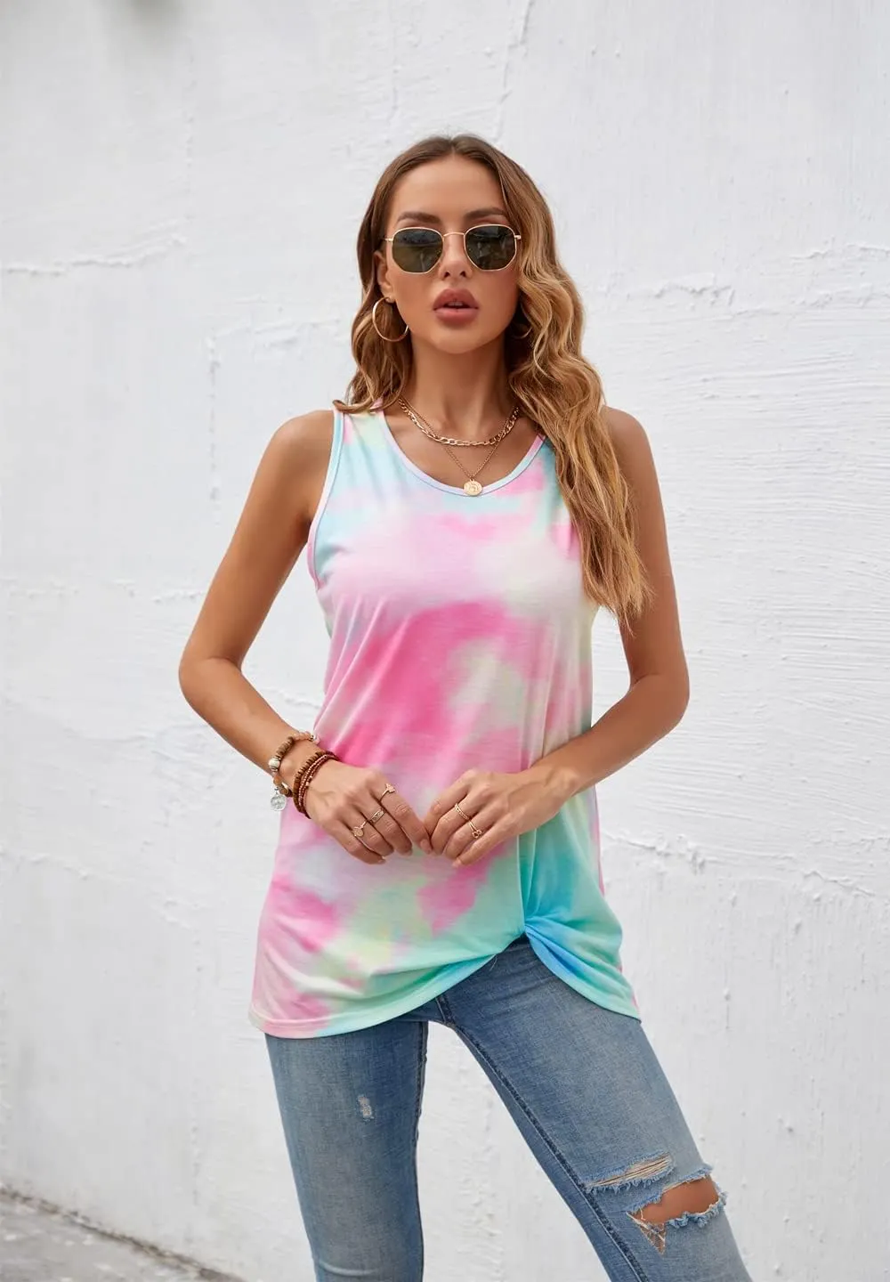 Womens Summer Tank Tops Twist Knot Casual Sleeveless Shirts Blouses Loose Fit Flowy Tunics Tops